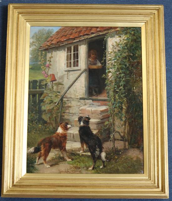 James Cole (fl.1856-1885) Feeding time with sheepdogs waiting at a cottage door 18 x 14in.